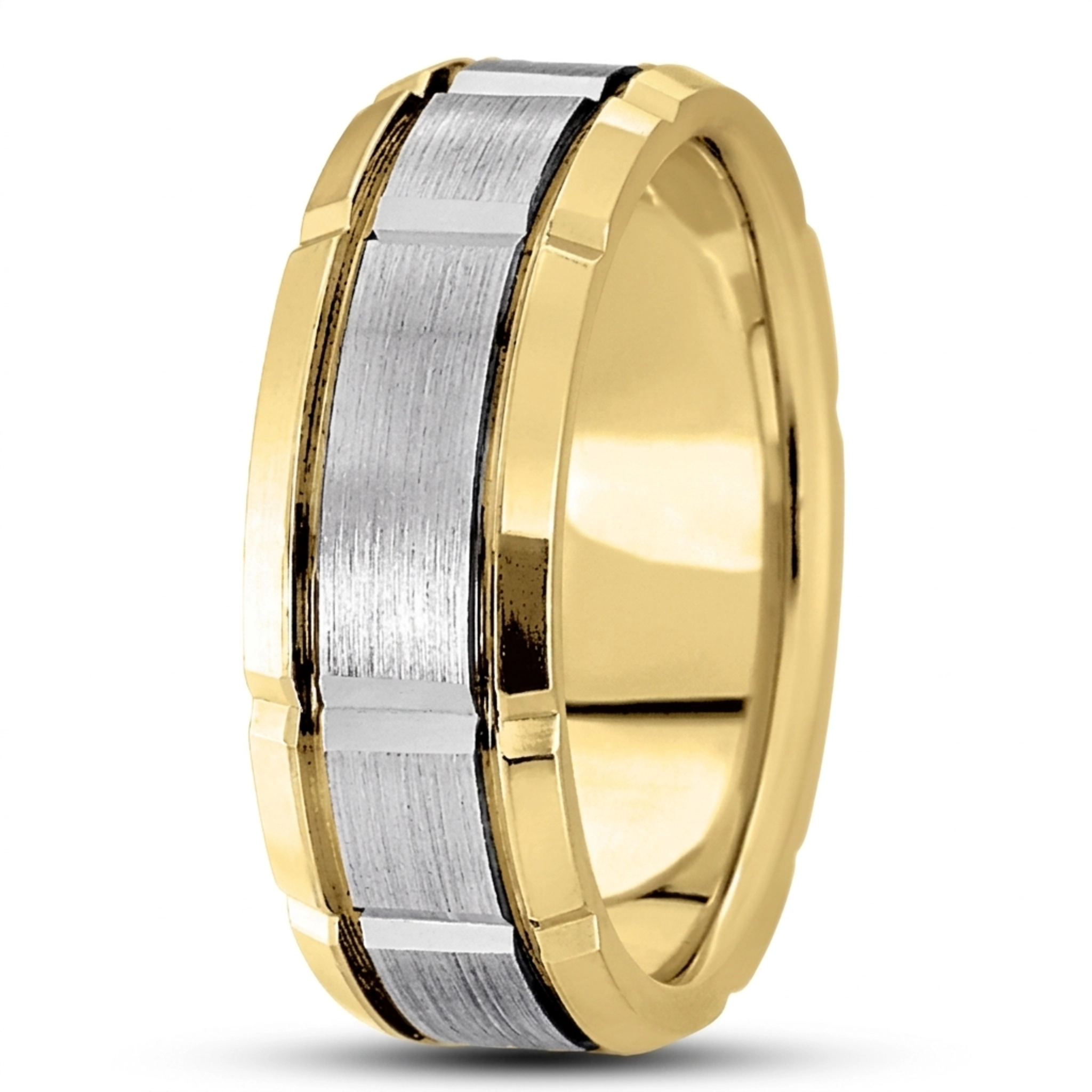 10K yellow-white-yellow gold 8.5mm. satin basic-diamond-carved-wedding-ring - alternate view 4