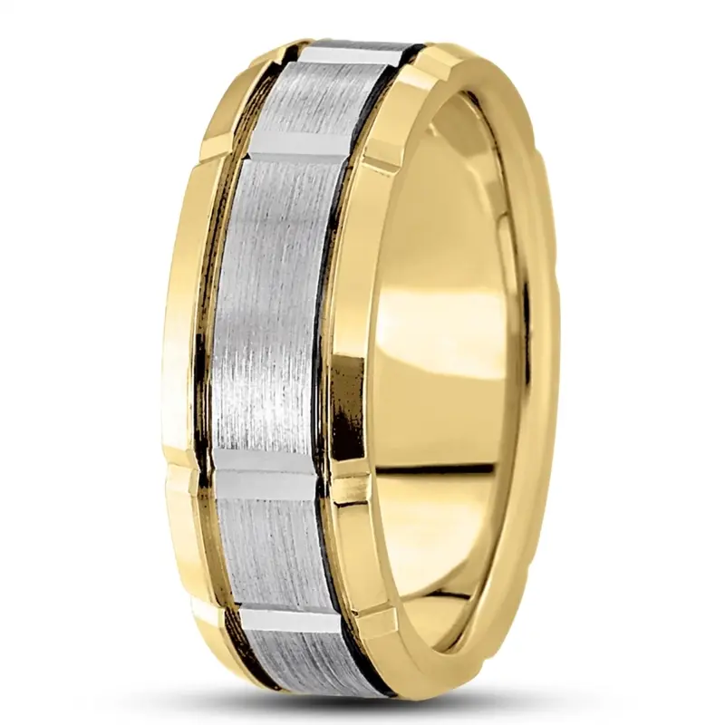 10K yellow-white-yellow gold 8.5mm. satin basic-diamond-carved-wedding-ring - alternate view 4