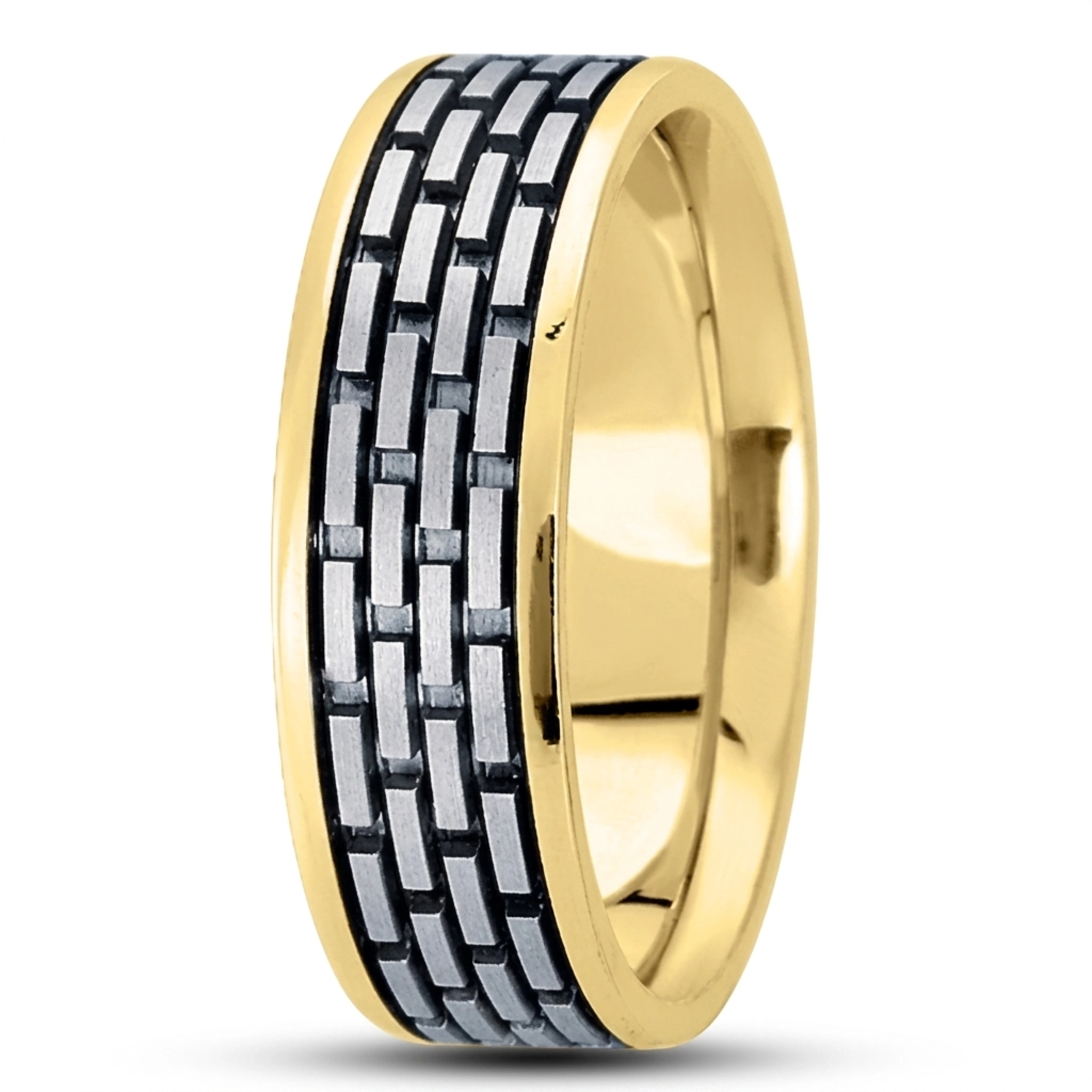 10K yellow-white-yellow gold 7mm. satin basic-diamond-carved-wedding-ring - alternate view 5