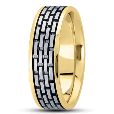 10K yellow-white-yellow gold 7mm. satin basic-diamond-carved-wedding-ring - alternate view 5 thumbnail