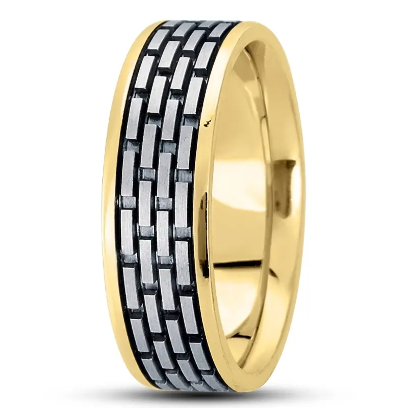18K yellow-white-yellow gold 7mm. satin basic-diamond-carved-wedding-ring - alternate view 5