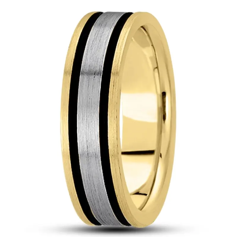 10K yellow-white-yellow gold 7mm. satin basic-diamond-carved-wedding-band - alternate view 5