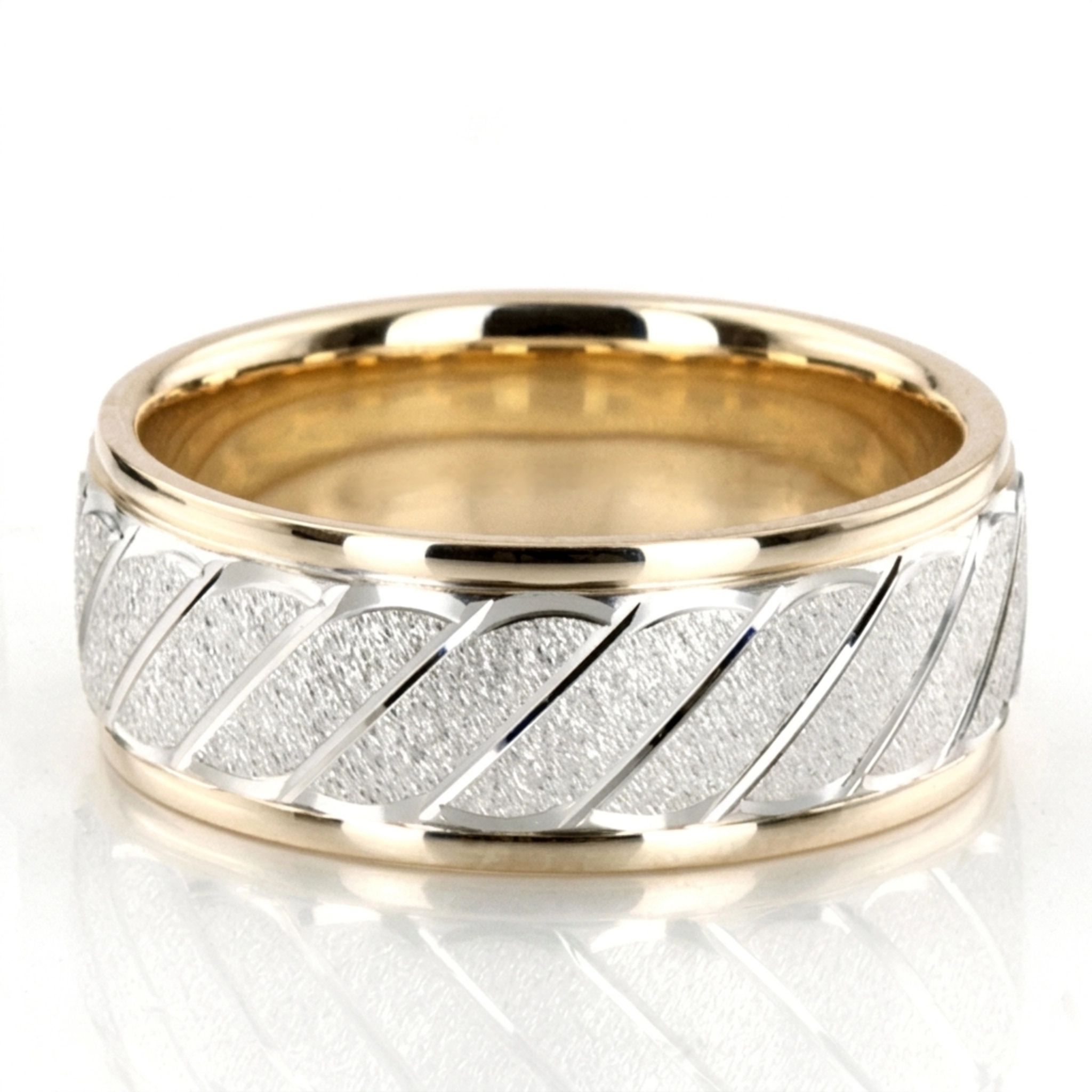 10K yellow-white-yellow gold 9mm. stone finish basic-carved-diamond-cut-wedding-ring - alternate view 3
