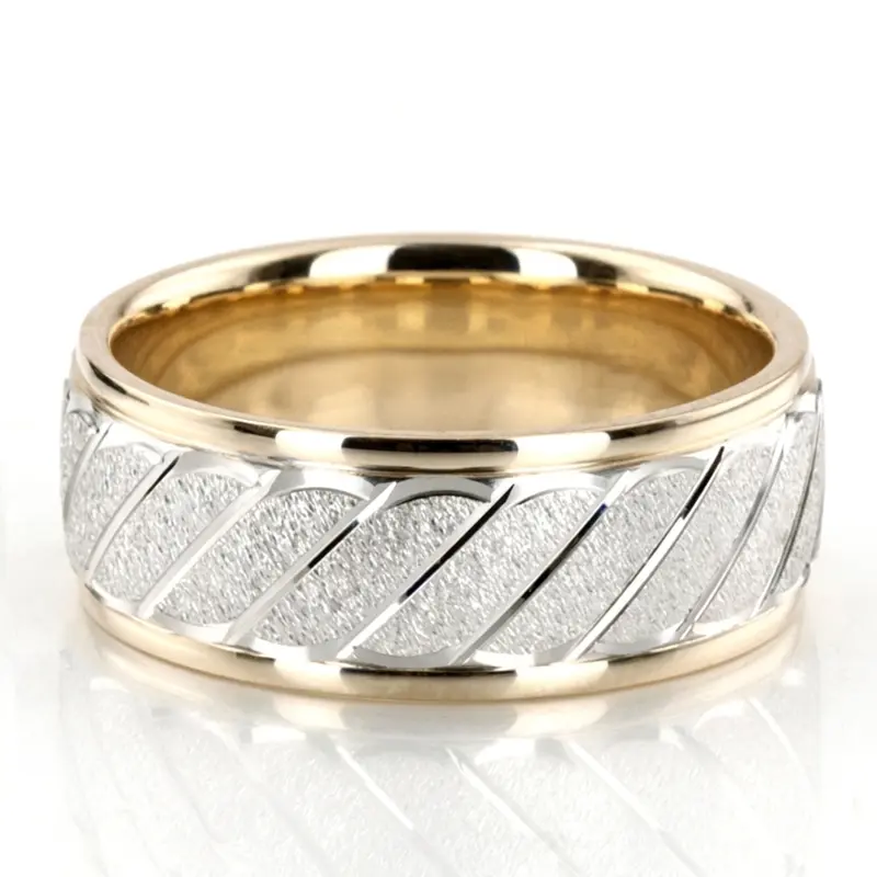 10K yellow-white-yellow gold 9mm. stone finish basic-carved-diamond-cut-wedding-ring - alternate view 3