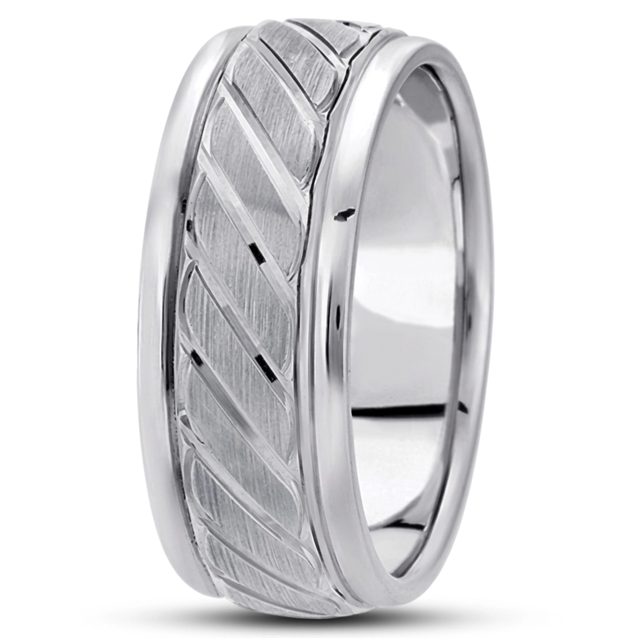 10K white gold 9mm. satin basic-carved-diamond-cut-wedding-ring - main view