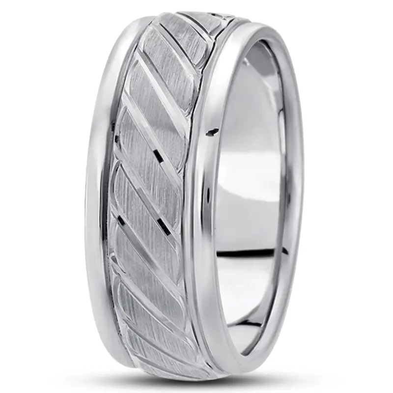 10K white gold 9mm. satin basic-carved-diamond-cut-wedding-ring - main view