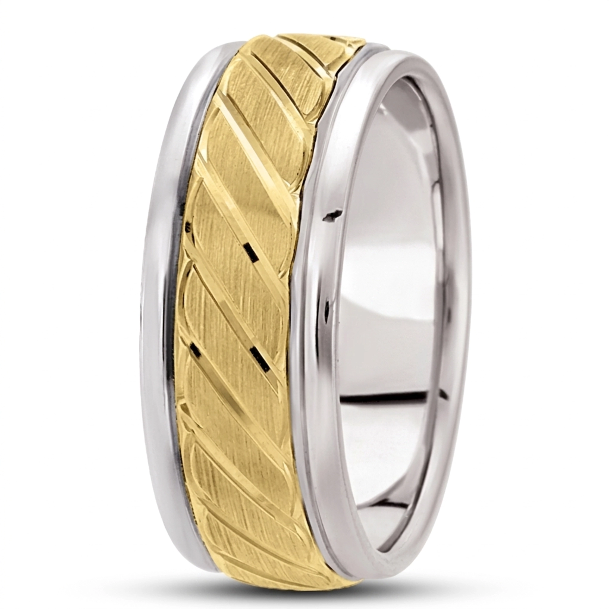10K white-yellow-white gold 9mm. satin basic-carved-diamond-cut-wedding-ring - alternate view 5