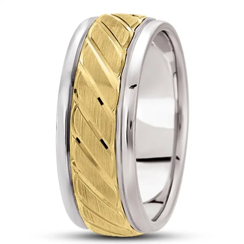 10K white-yellow-white gold 9mm. satin basic-carved-diamond-cut-wedding-ring - alternate view 5