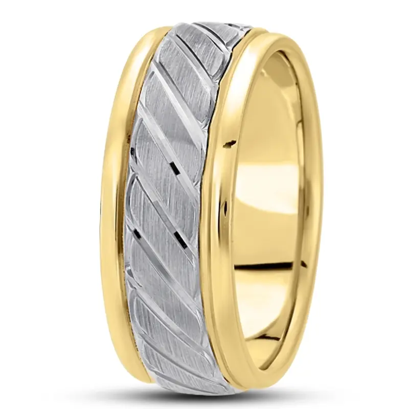 10K yellow-white-yellow gold 9mm. satin basic-carved-diamond-cut-wedding-ring - alternate view 4