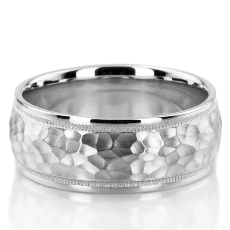10K white gold 8mm. hammer basic-diamond-carved-wedding-ring - alternate view 2