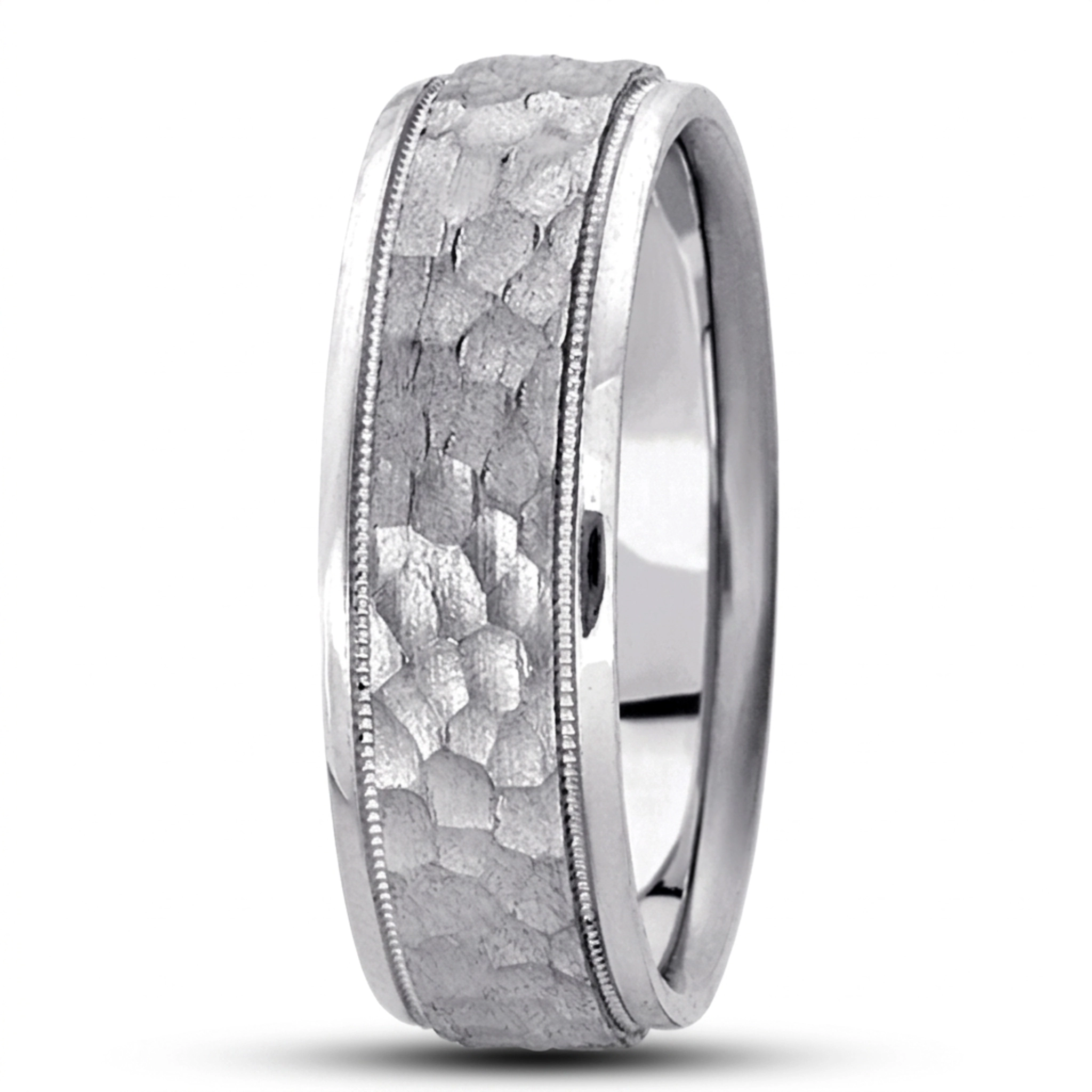 10K white gold 7mm. hammer basic-diamond-carved-wedding-ring - alternate view 6