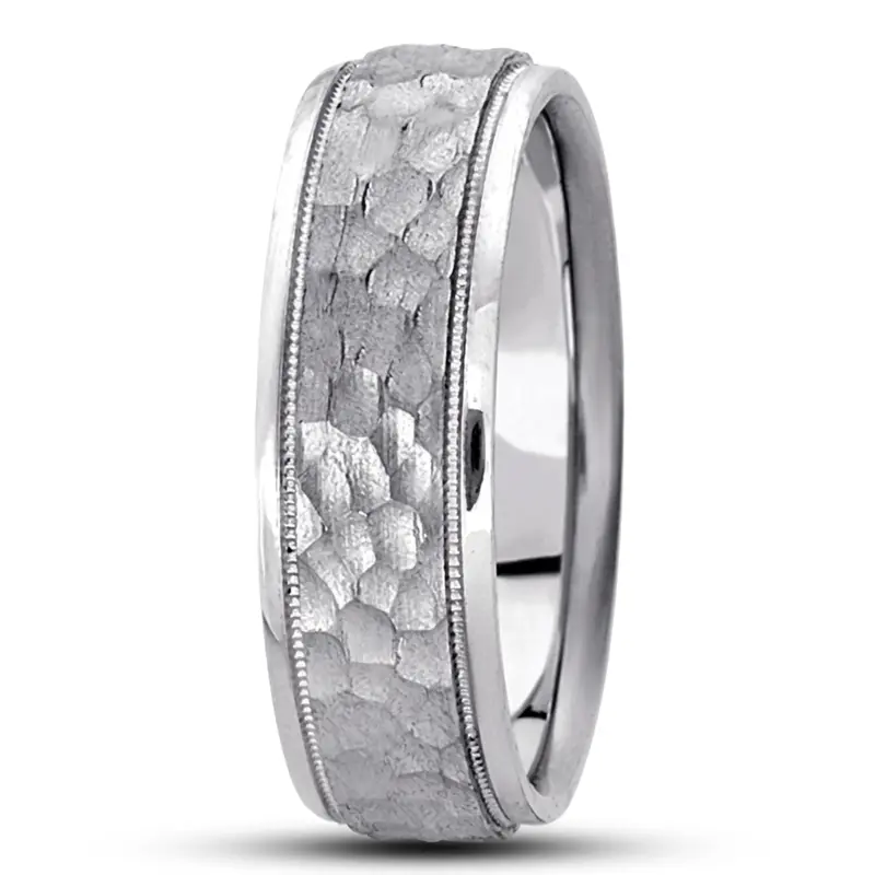 10K white gold 7mm. hammer basic-diamond-carved-wedding-ring - alternate view 6