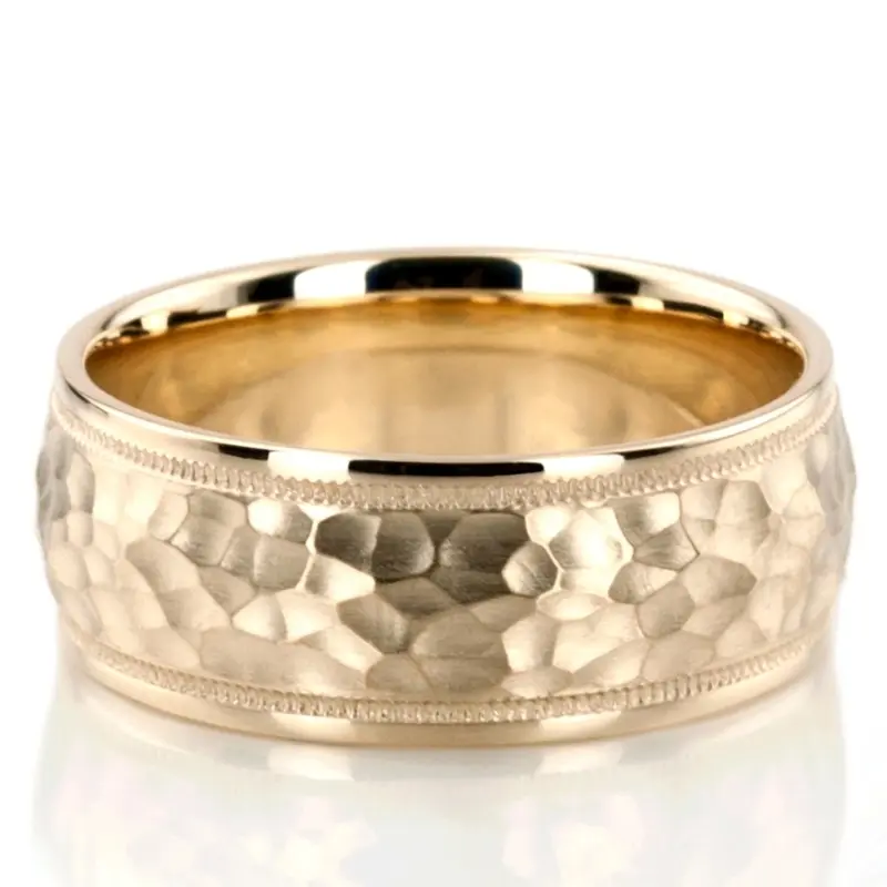 10K yellow gold 8mm. hammer basic-diamond-carved-wedding-ring - alternate view 3