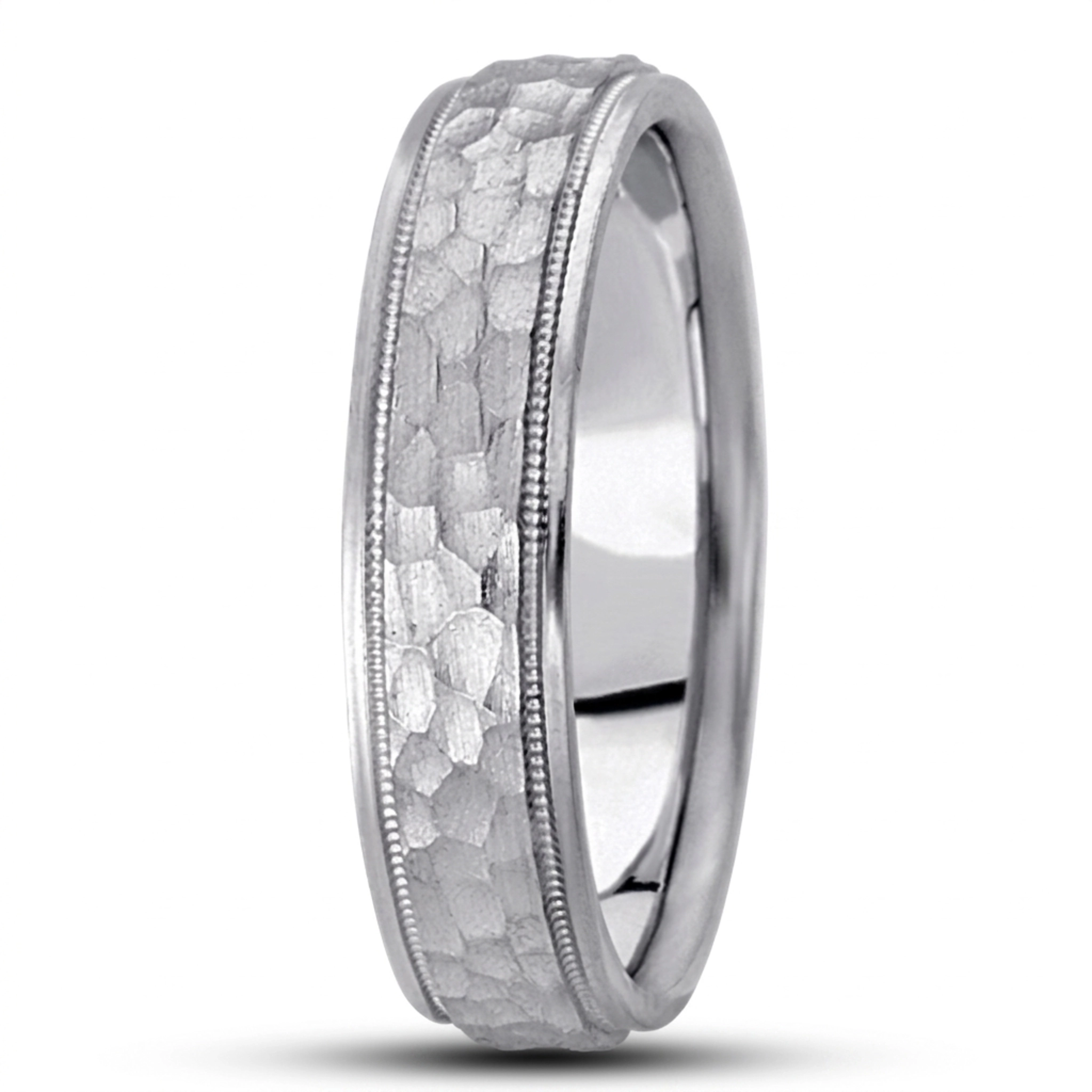 10K white gold 5mm. hammer basic-diamond-carved-wedding-ring - main view