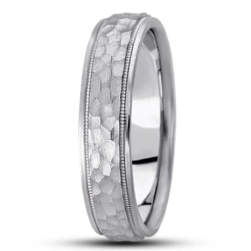 10K white gold 5mm. hammer basic-diamond-carved-wedding-ring - main view