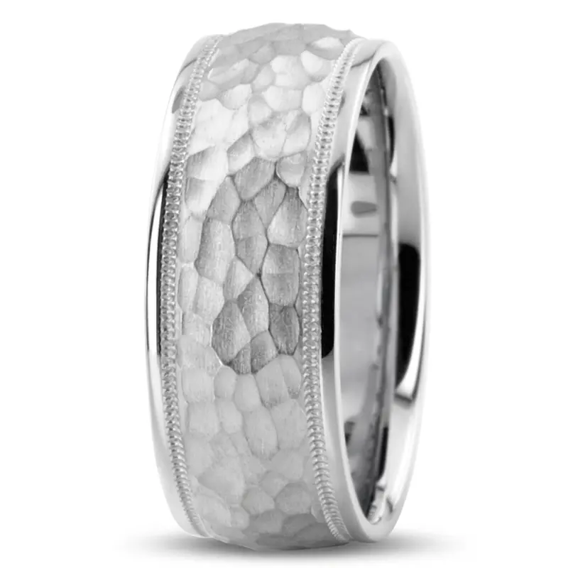 10K white gold 8mm. hammer basic-diamond-carved-wedding-ring - alternate view 5