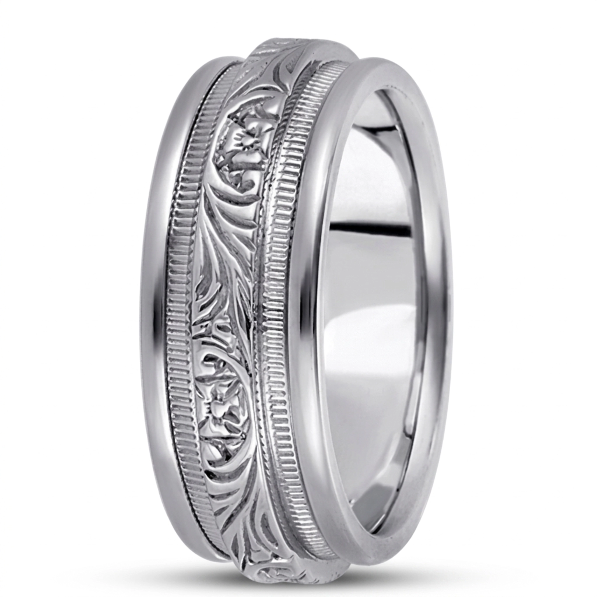 10K white gold 8mm. high polish hand-made-antique-wedding-band - main view