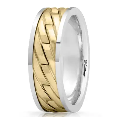 10K white-yellow-white gold 7mm. satin Zig-Zag-Cut-Handcrafted-Wedding-Band - alternate view 3 thumbnail