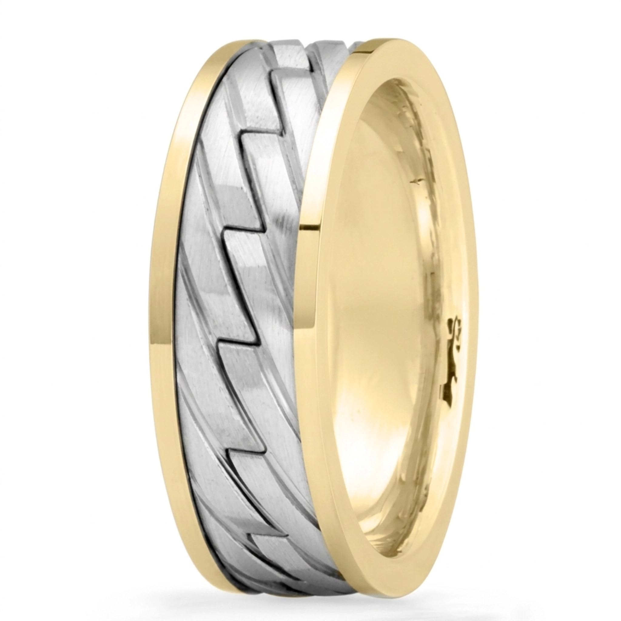 10K yellow-white-yellow gold 7mm. satin Zig-Zag-Cut-Handcrafted-Wedding-Band - alternate view 4