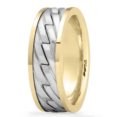 10K yellow-white-yellow gold 7mm. satin Zig-Zag-Cut-Handcrafted-Wedding-Band - alternate view 4 thumbnail