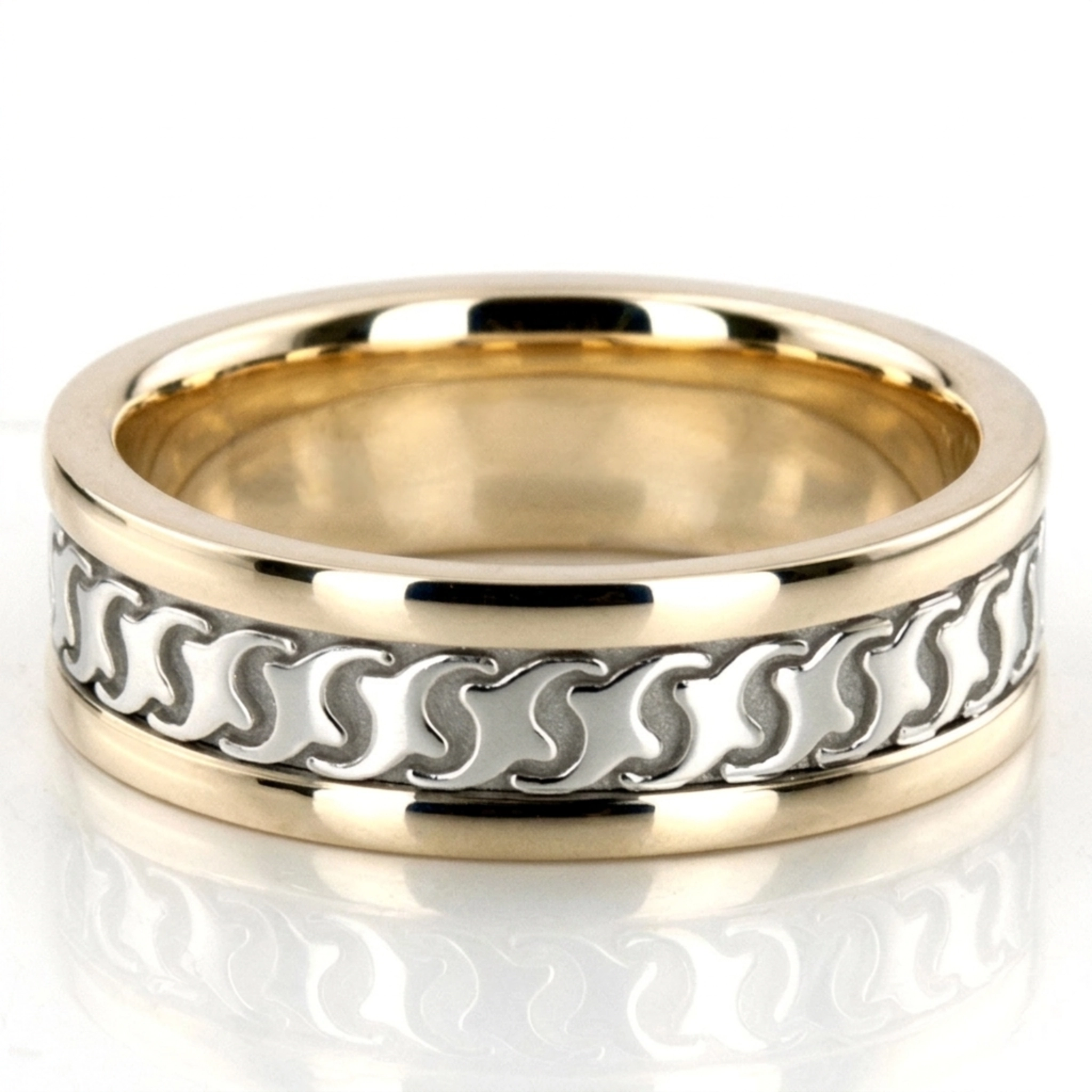 10K yellow-white-yellow gold 7mm. high polish Modern-Handcrafted-Wedding-Ring - main view