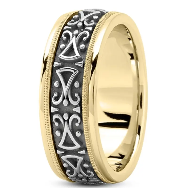 10K yellow-white-yellow gold 8mm. high polish Exquisite-Handmade-Wedding-Ring - main view