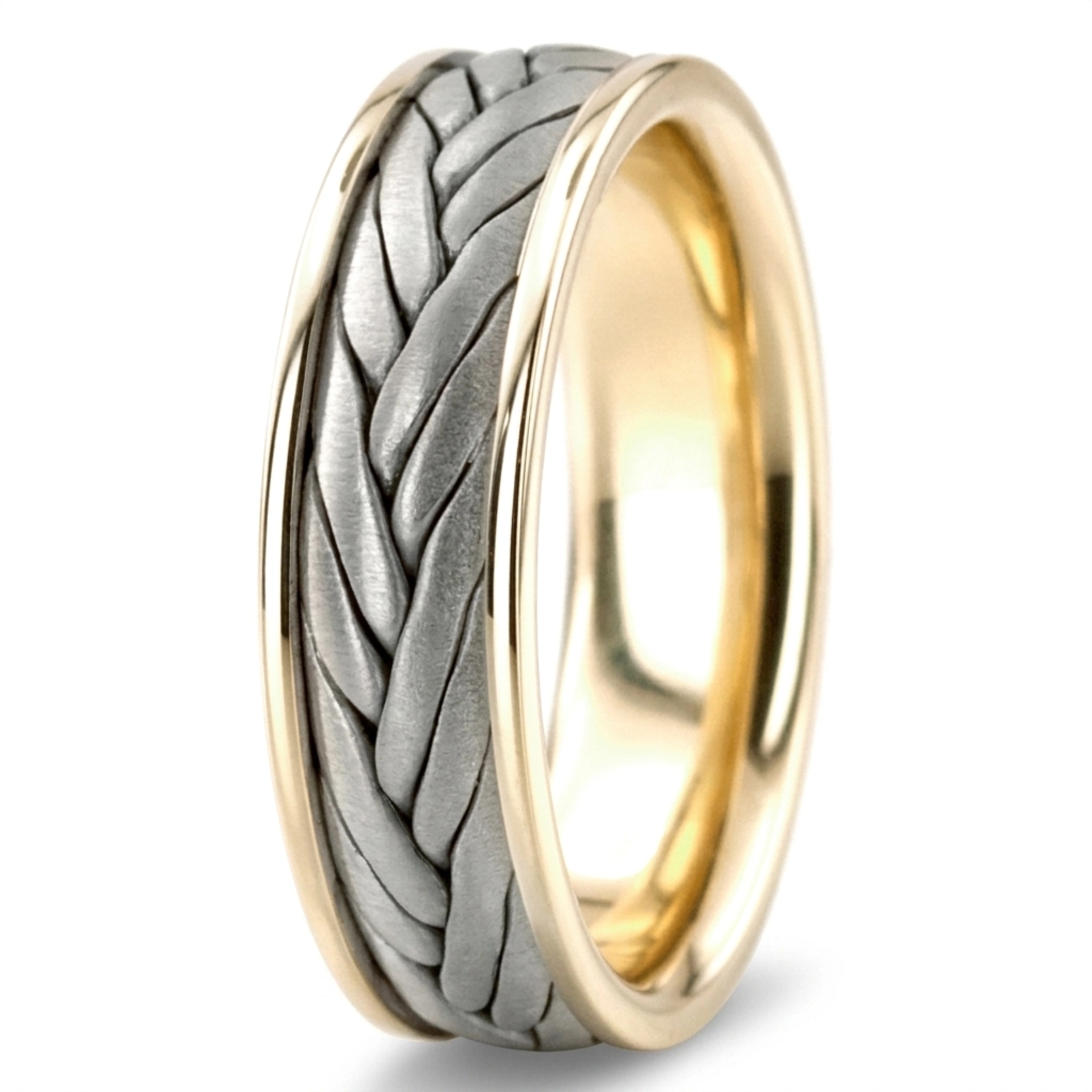 10K yellow-white-yellow gold 6mm. cross satin Double-Line-Braided-Wedding-Band - alternate view 6