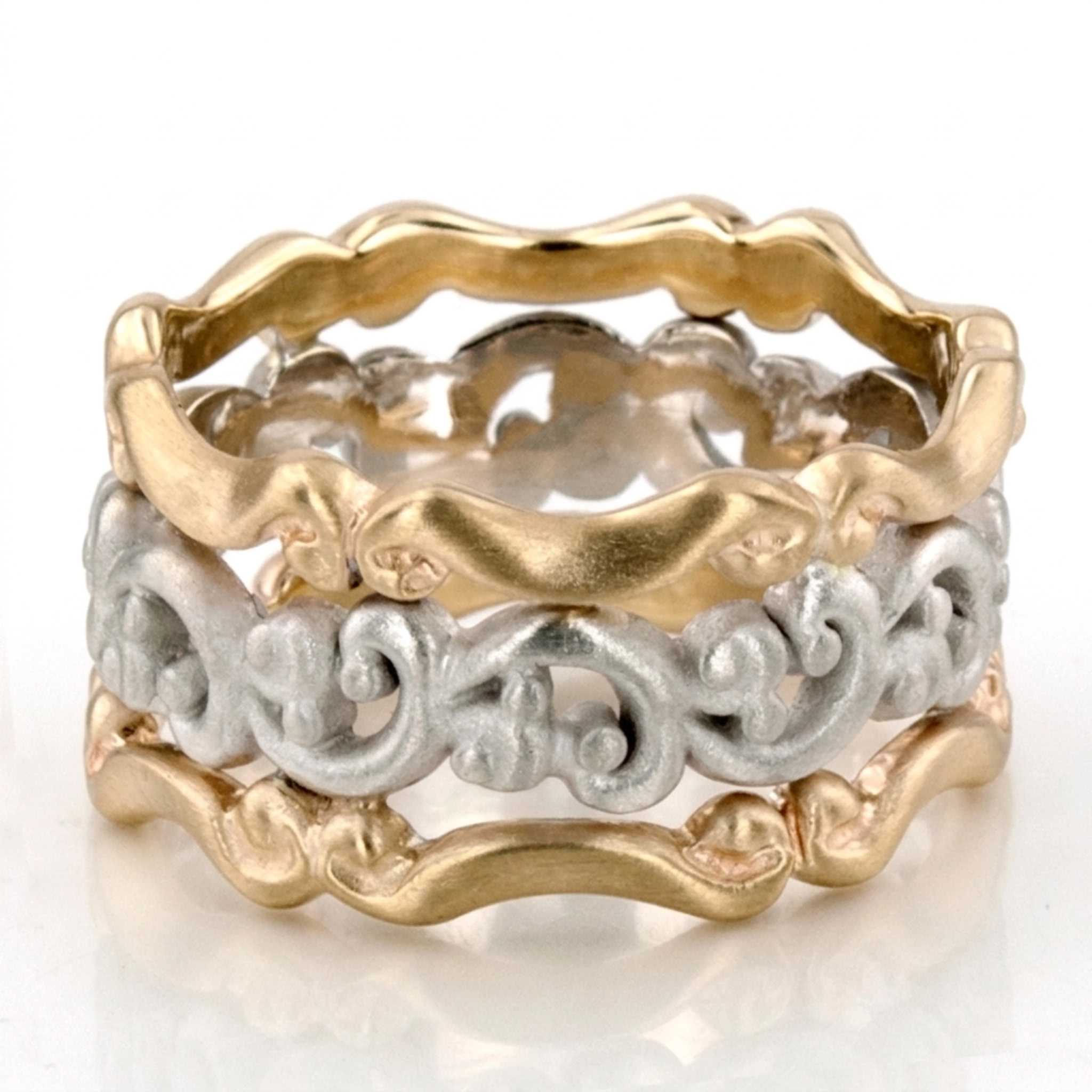 10K yellow-white-yellow gold 9mm. satin antique-handmade-wedding-band - alternate view 8