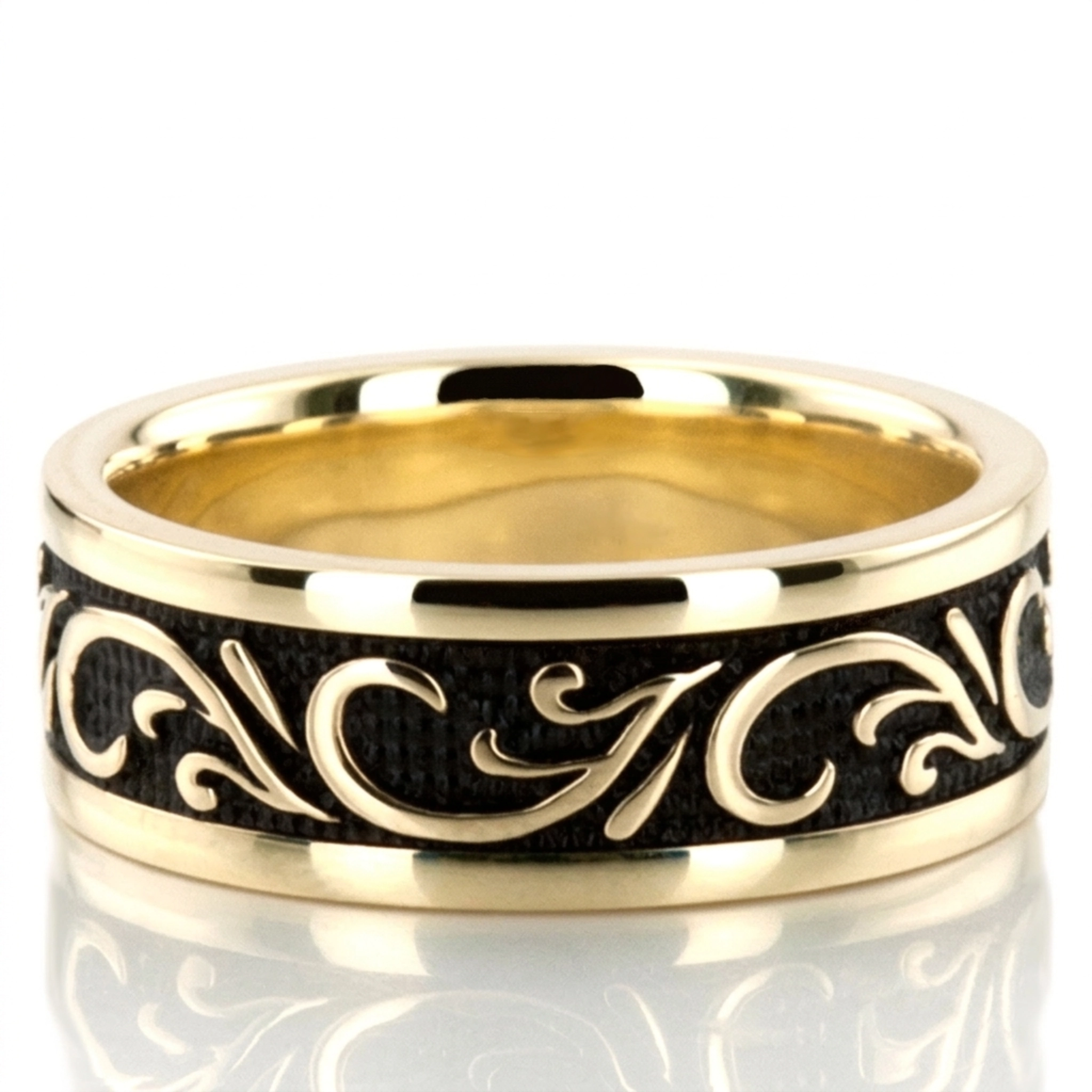 10K all yellow gold 7mm. high polish Black-Nano-Floral-Exclusive-Wedding-Band - alternate view 2