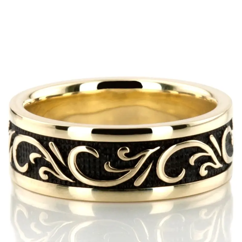 18K all yellow gold 7mm. high polish Black-Nano-Floral-Exclusive-Wedding-Band - alternate view 2