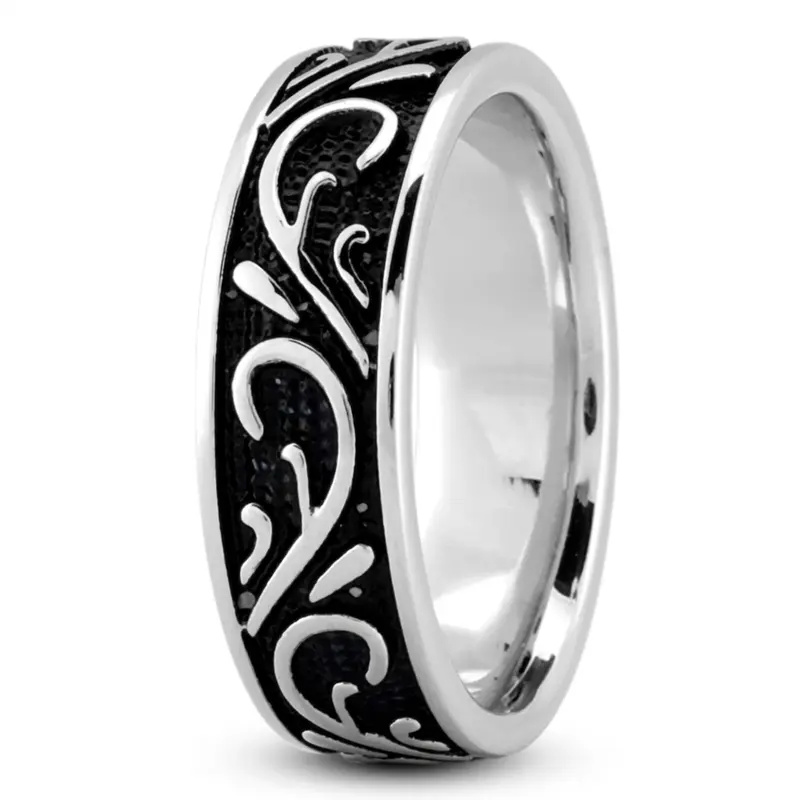 18K all white gold 8mm. high polish Black-Nano-Floral-Exclusive-Wedding-Band - alternate view 4
