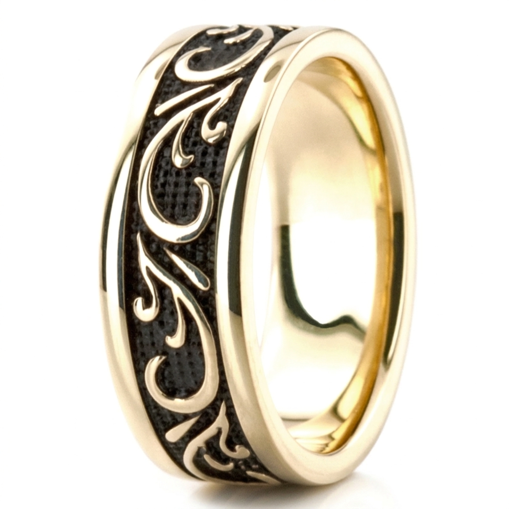 10K all yellow gold 7mm. high polish Black-Nano-Floral-Exclusive-Wedding-Band - alternate view 3