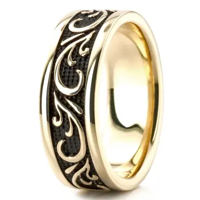 10K all yellow gold 7mm. high polish Black-Nano-Floral-Exclusive-Wedding-Band - alternate view 3 thumbnail