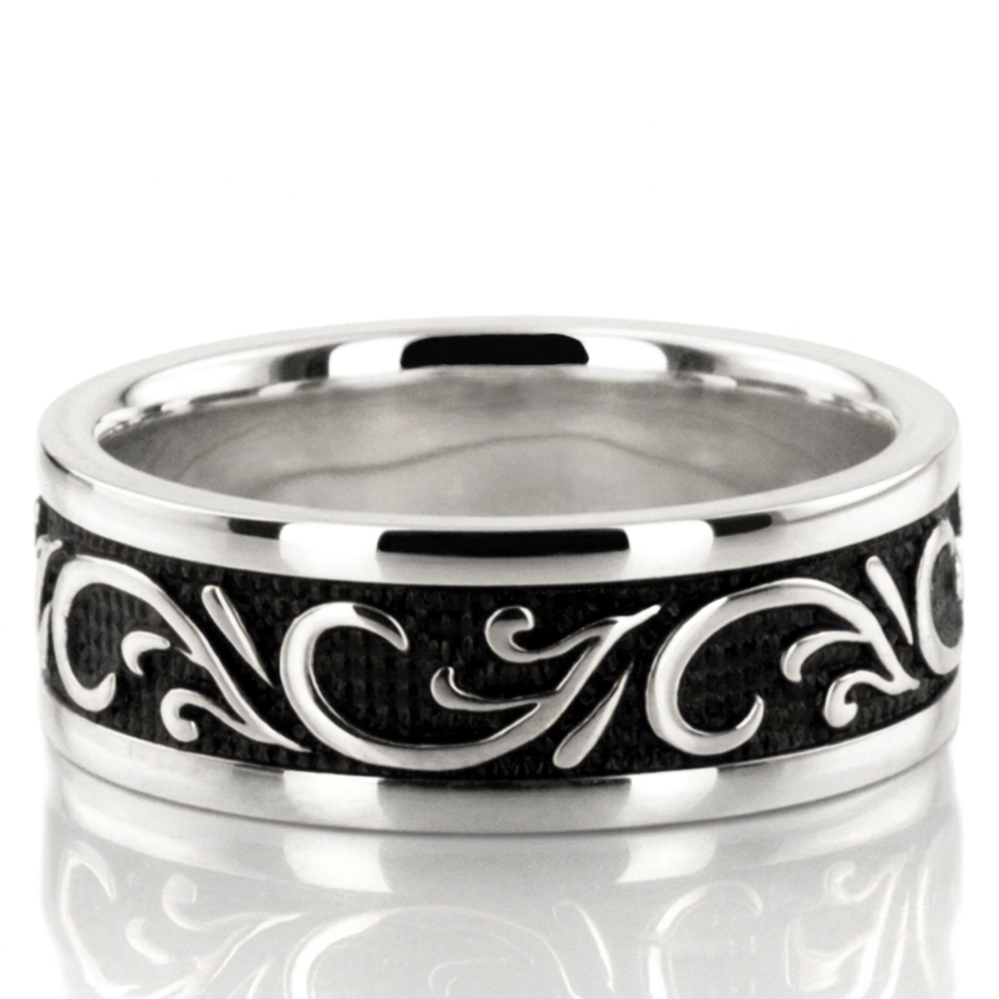 10K white gold 7mm. high polish Black-Nano-Floral-Exclusive-Wedding-Band - main view