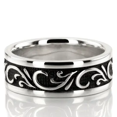 10K white gold 7mm. high polish Black-Nano-Floral-Exclusive-Wedding-Band - main view thumbnail