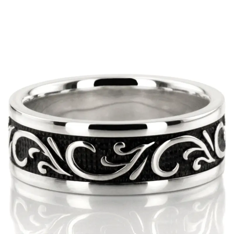 18K white gold 7mm. high polish Black-Nano-Floral-Exclusive-Wedding-Band - main view