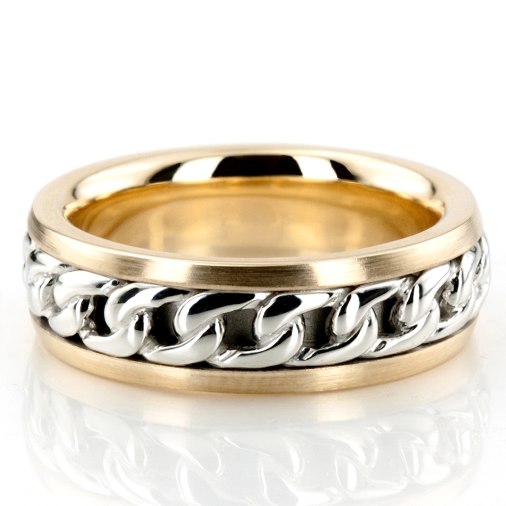 10K yellow-white-yellow gold 7mm. high polish hand-made-hand-woven-wedding-band - main view