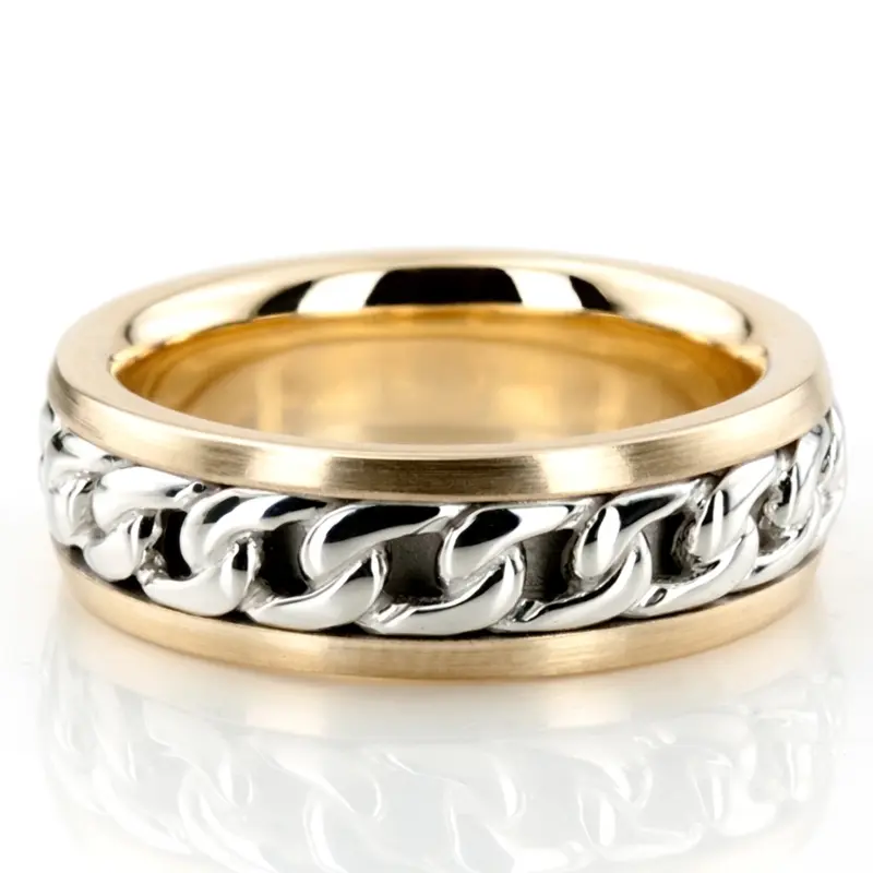 10K yellow-white-yellow gold 7mm. high polish hand-made-hand-woven-wedding-band - main view