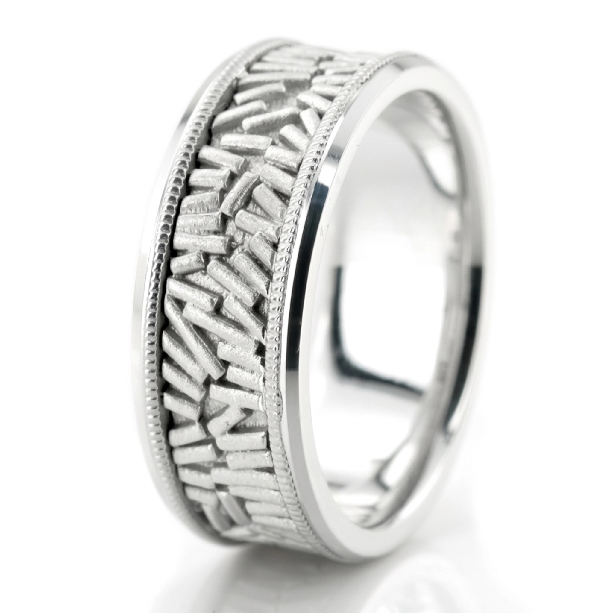 10K white gold 8mm. cross satin two-tone-hand-made-wedding-ring - main view