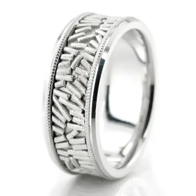 10K white gold 8mm. cross satin two-tone-hand-made-wedding-ring - main view thumbnail