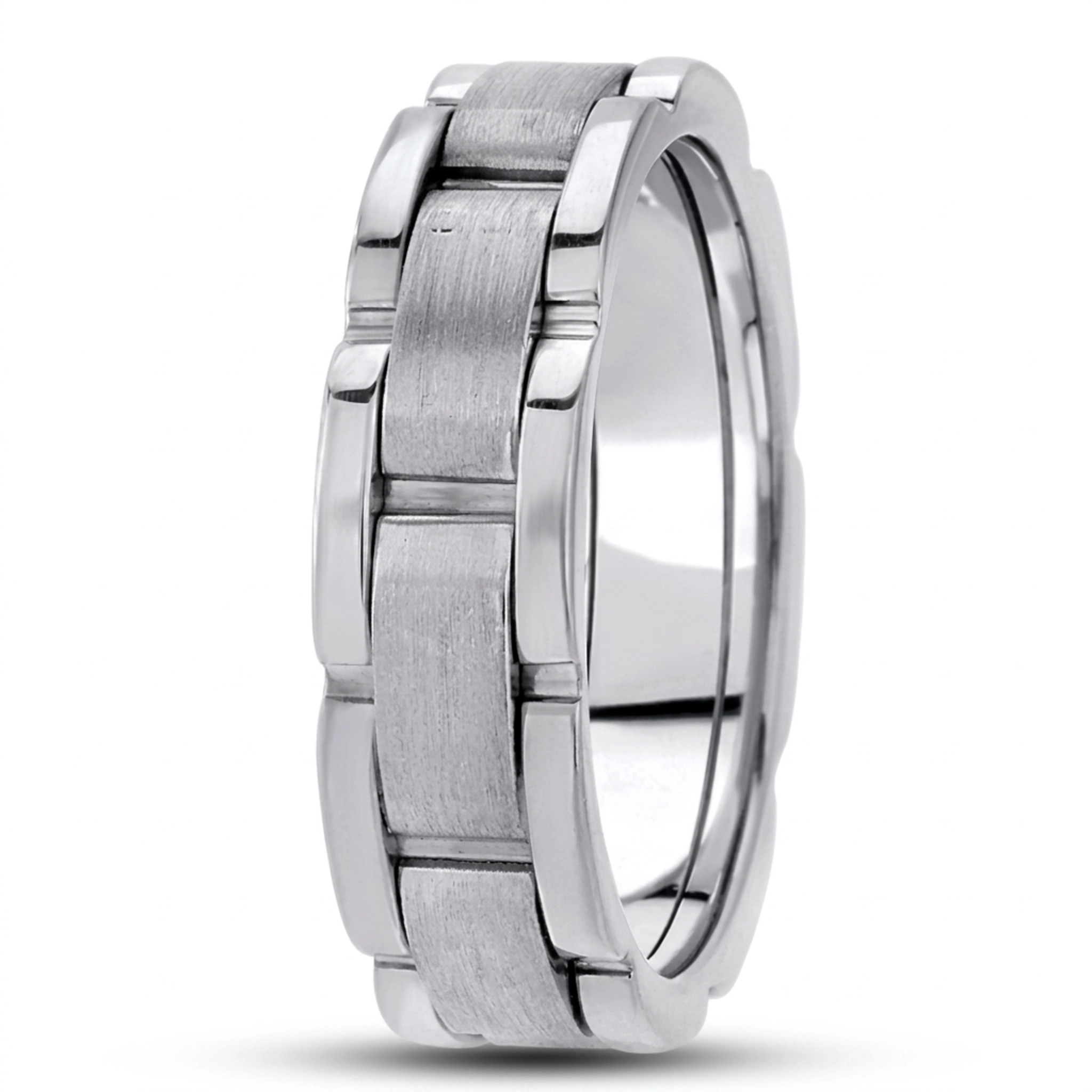 10K white gold 6.5mm satin fancy-carved-contemporary-wedding-band - main view
