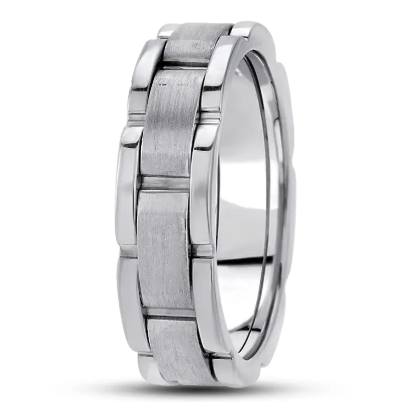 10K white gold 6.5mm satin fancy-carved-contemporary-wedding-band - main view