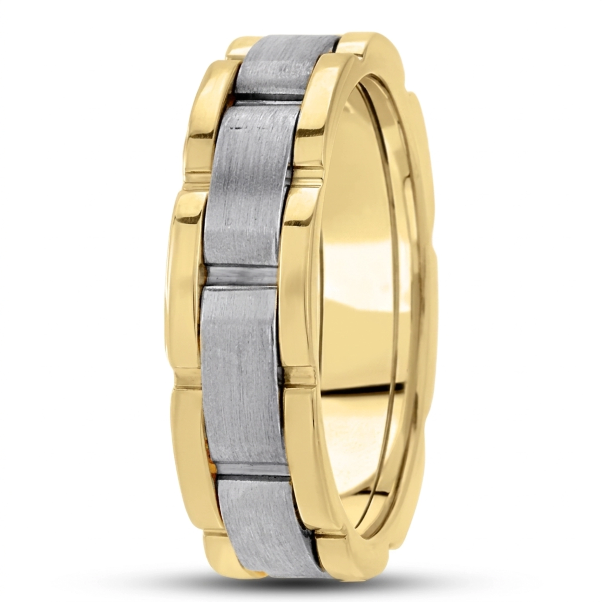 10K yellow-white-yellow gold 6.5mm satin fancy-carved-contemporary-wedding-band - alternate view 3