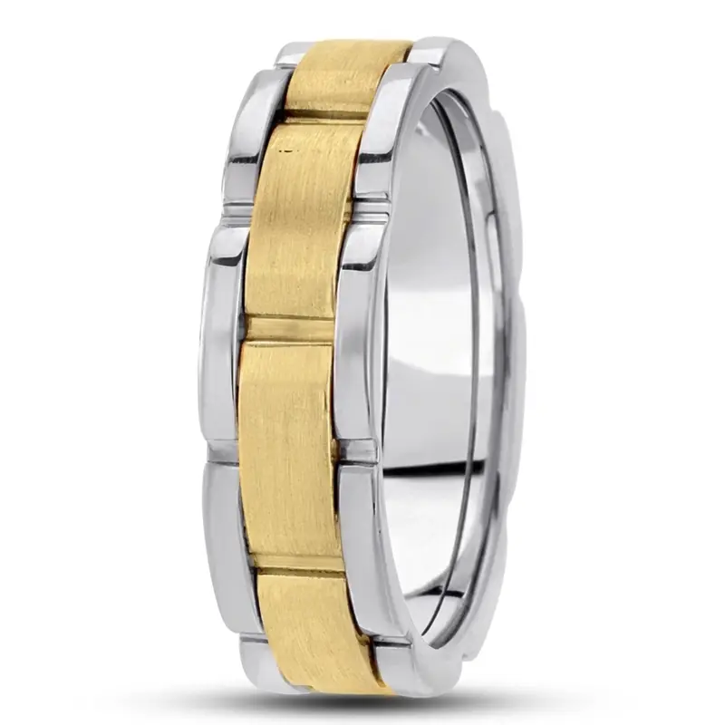 10K white-yellow-white gold 6.5mm satin fancy-carved-contemporary-wedding-band - alternate view 2
