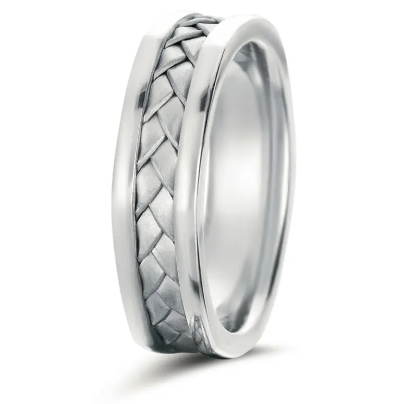 14K white gold 6mm. cross satin hand-made-hexagon-shaped-wedding-bands - alternate view 2