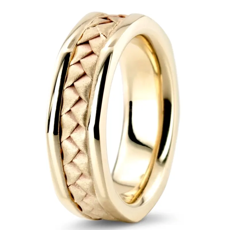 14K yellow gold 6mm. cross satin hand-made-hexagon-shaped-wedding-bands - main view