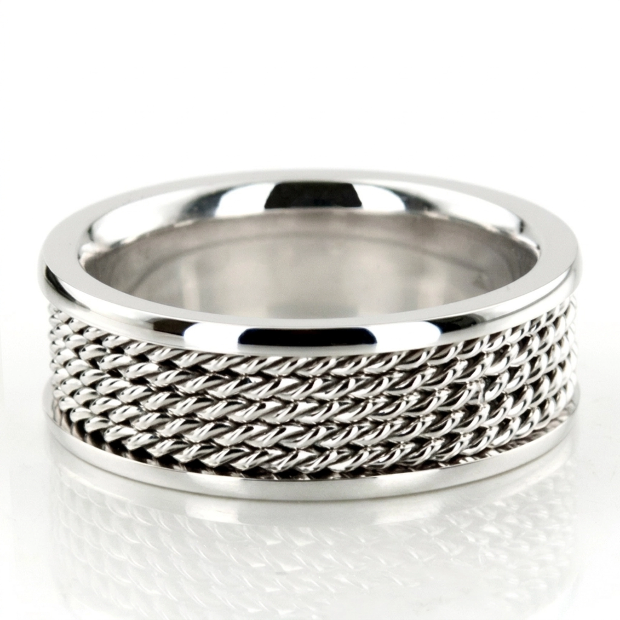 10K white gold 7mm. high polish hand-braided-wedding-bands - main view