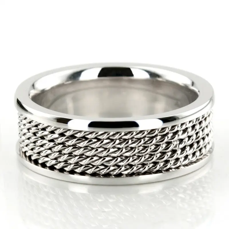 14K white gold 7mm. high polish hand-braided-wedding-bands - main view