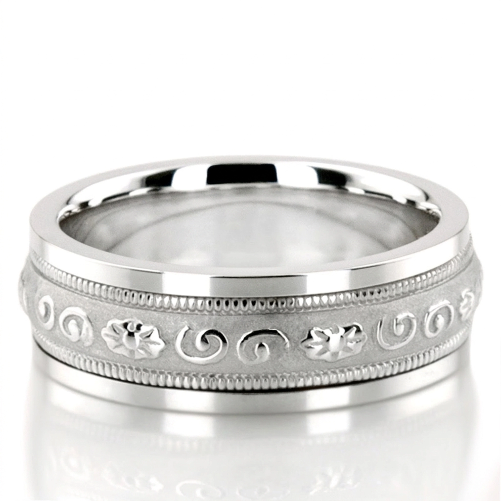 14K white gold 7mm. high polish hand-made-antique-wedding-band - main view