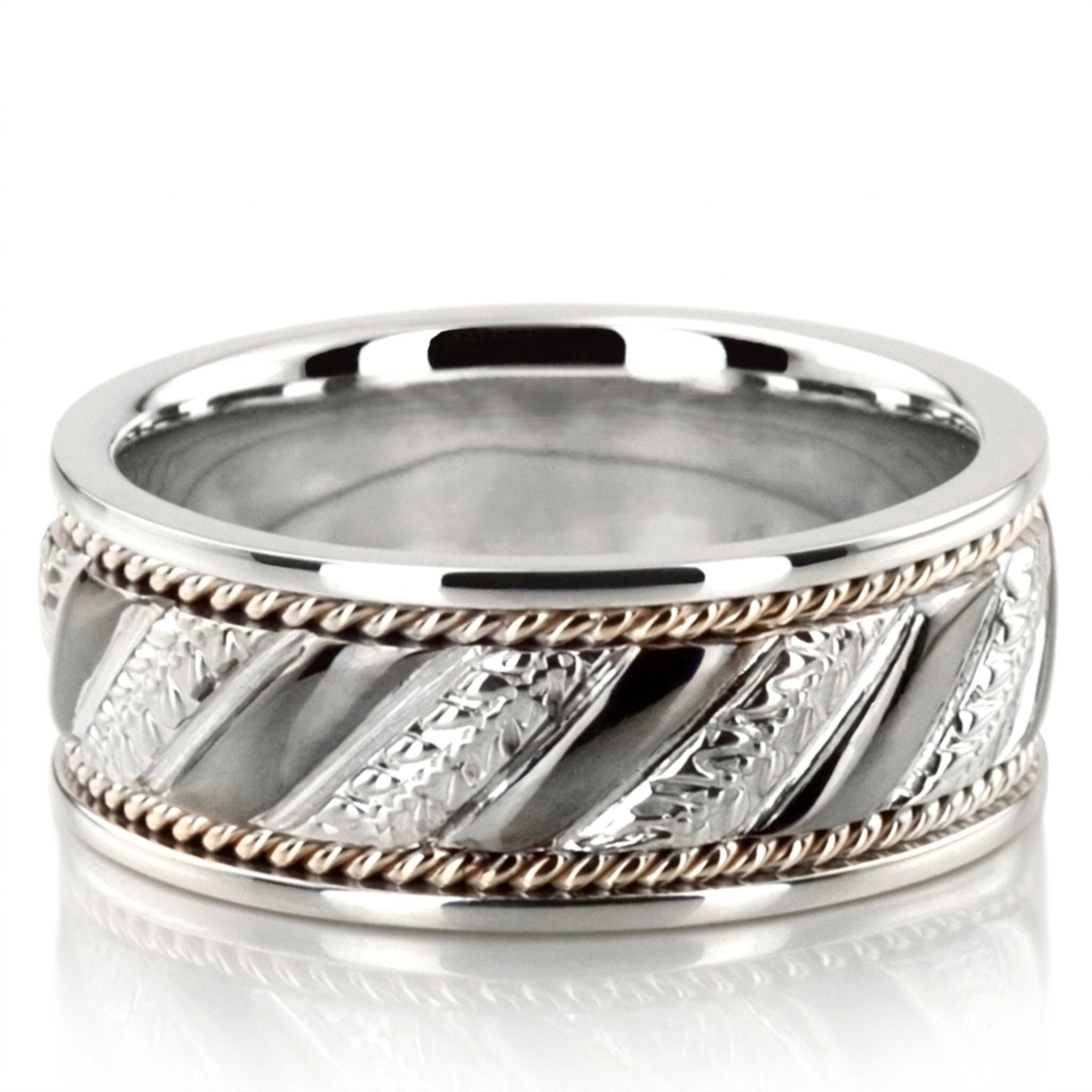 10K w-y-w-y-w gold 9mm. high polish hand-made-hand-woven-wedding-band - main view